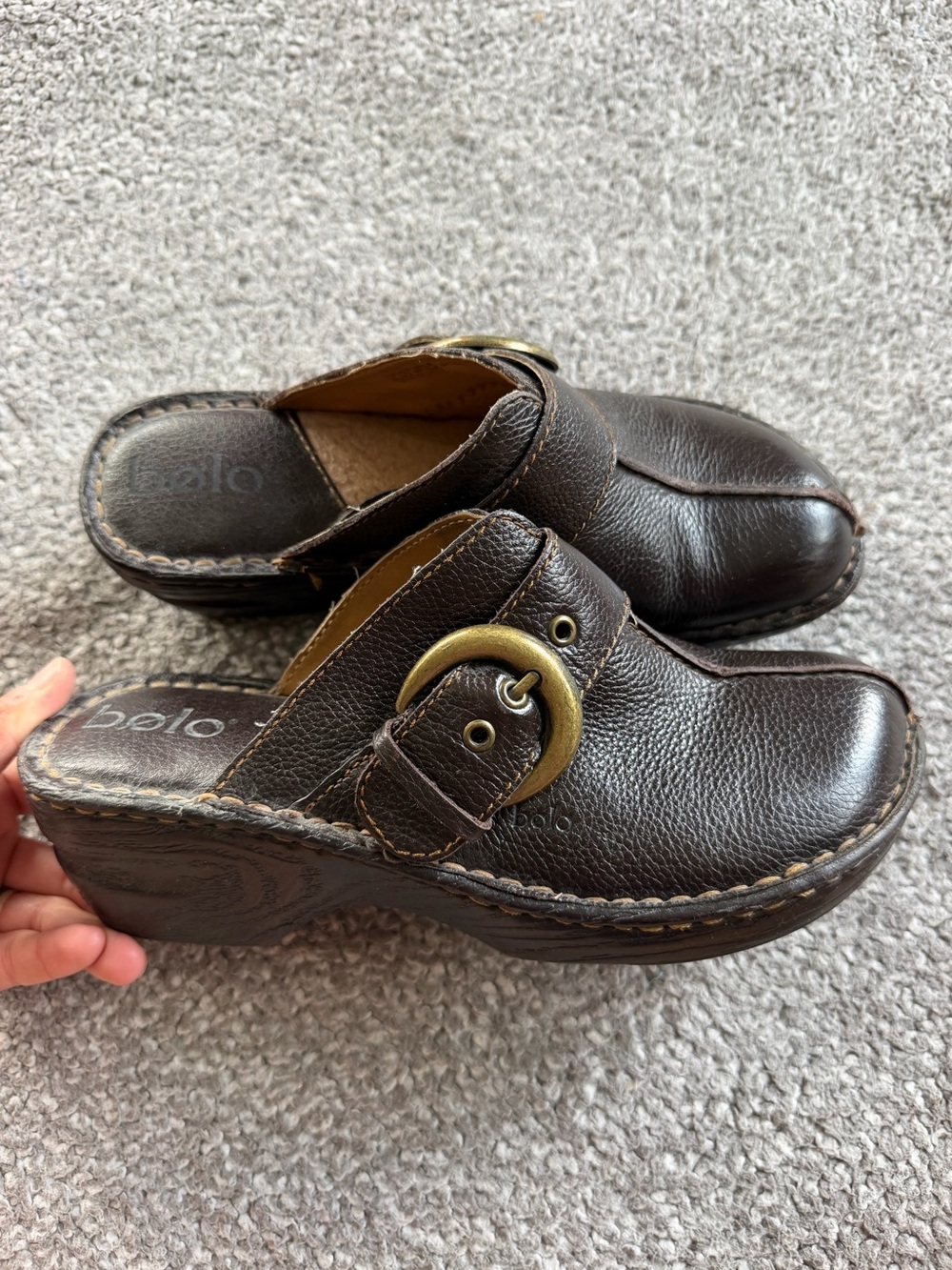 Bolo Brown Leather Clog Mules with Brass Buckle